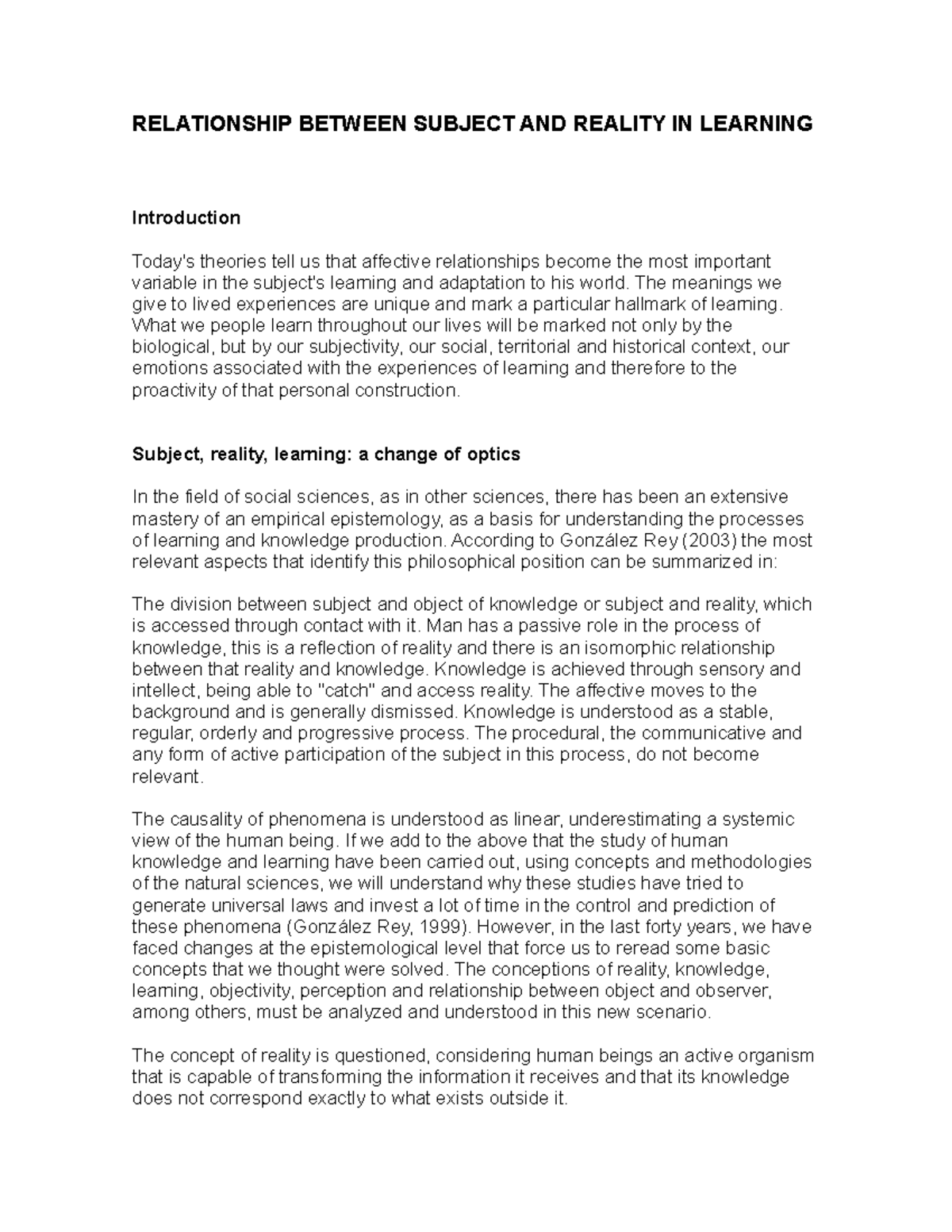 Relationship between subject and reality in learning - RELATIONSHIP ...