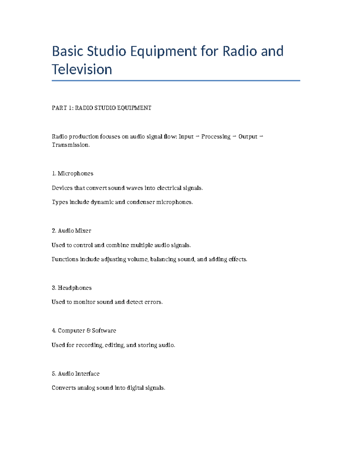 Studio Equipment Notes for Radio & TV Production - Studocu