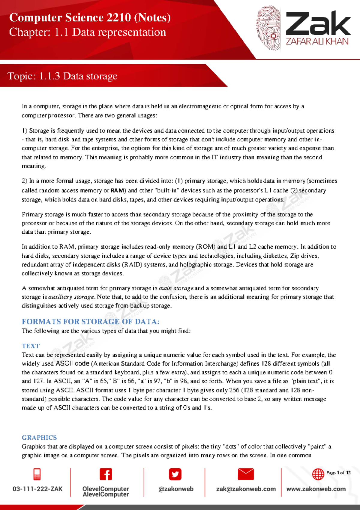 Computer Science 2210 (Notes) Chapter 1.1.3: Data Storage Overview ...