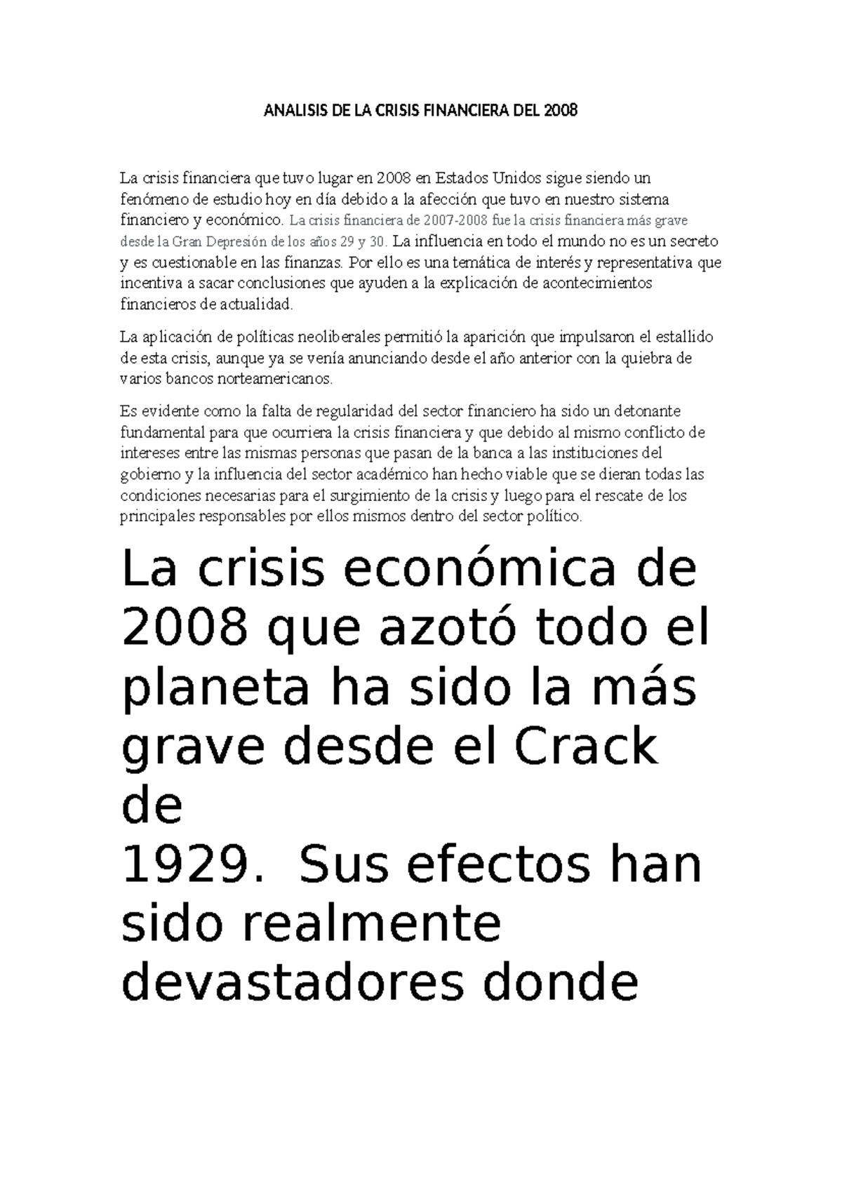 Análisis de la Crisis Financiera del 2008: Causas y Consecuencias - Studocu
