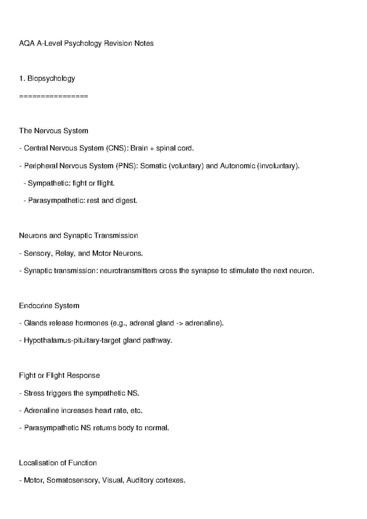 AQA A Level Psychology Revision Notes: Biopsychology & Memory - Studocu