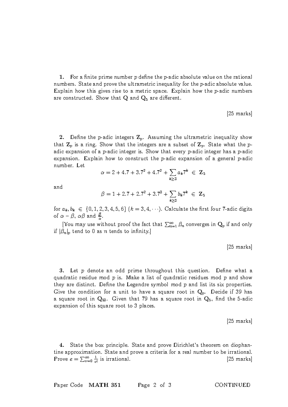 MATH 351 Final Exam January 2011: Questions and Problems - Studocu