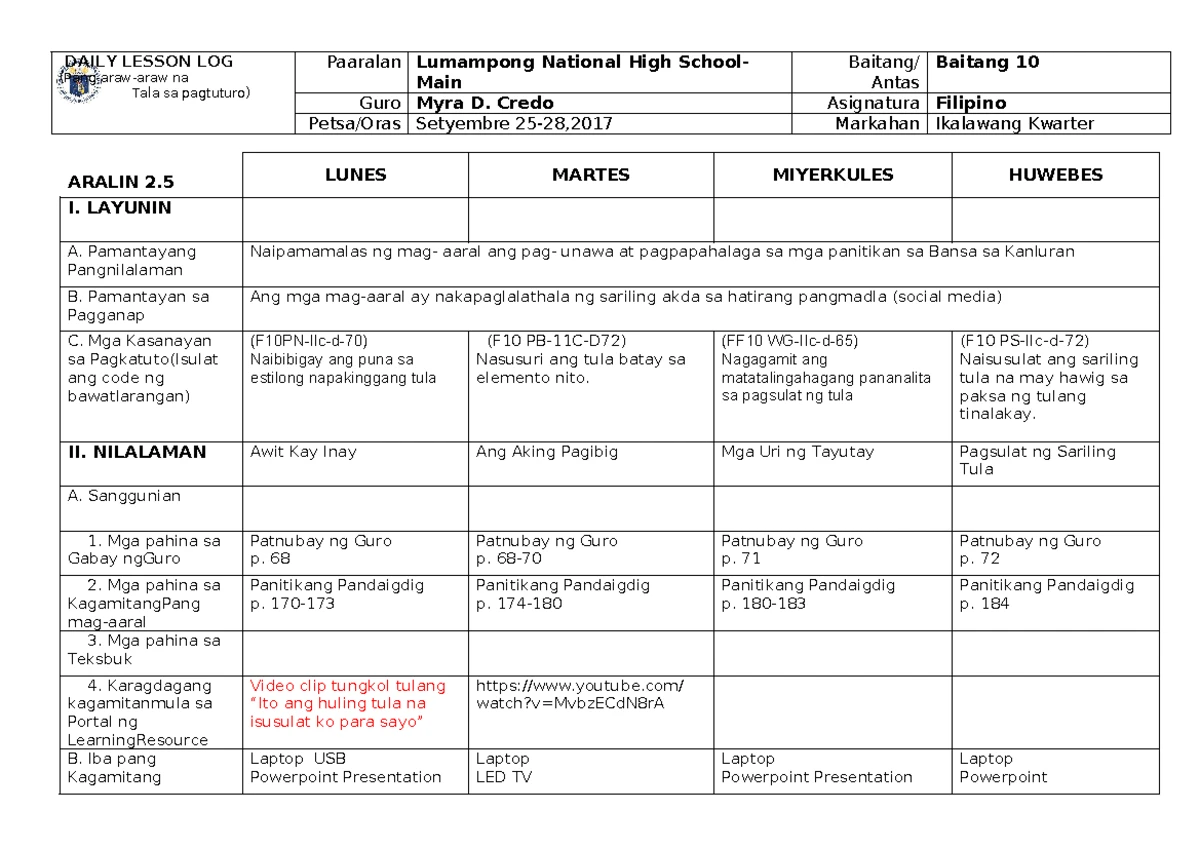 DLL-2 - Filipino Lesson Daily Log: Kultura ng England at Pagsusuri ...