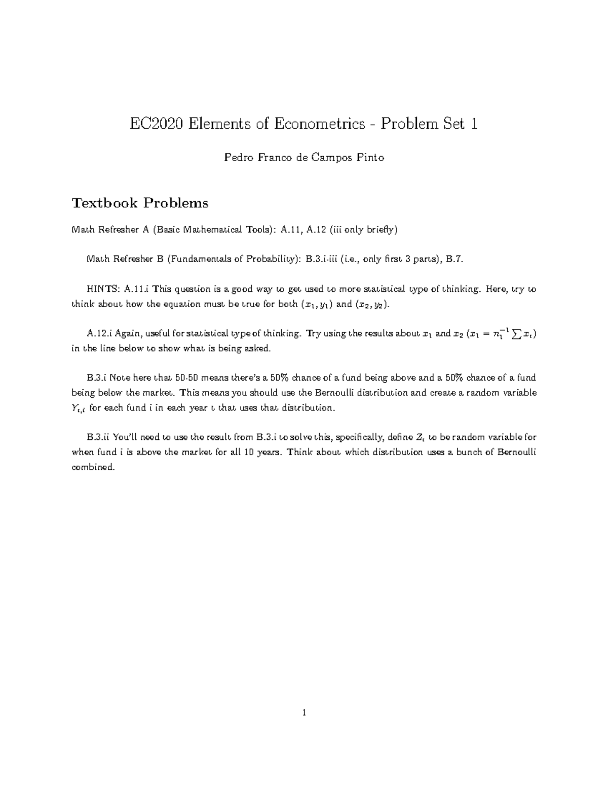 EC2020 Elements of Econometrics Problem Set 1: Textbook Problems - Studocu