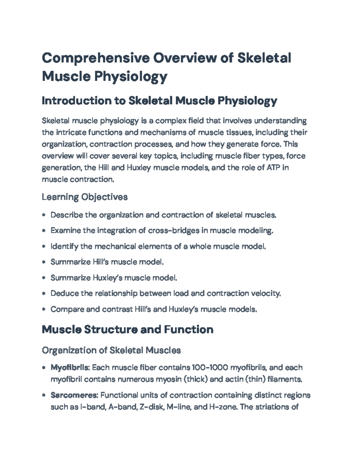 Skeletal Muscle Physiology - Comprehensive Exam Notes Overview - Studocu