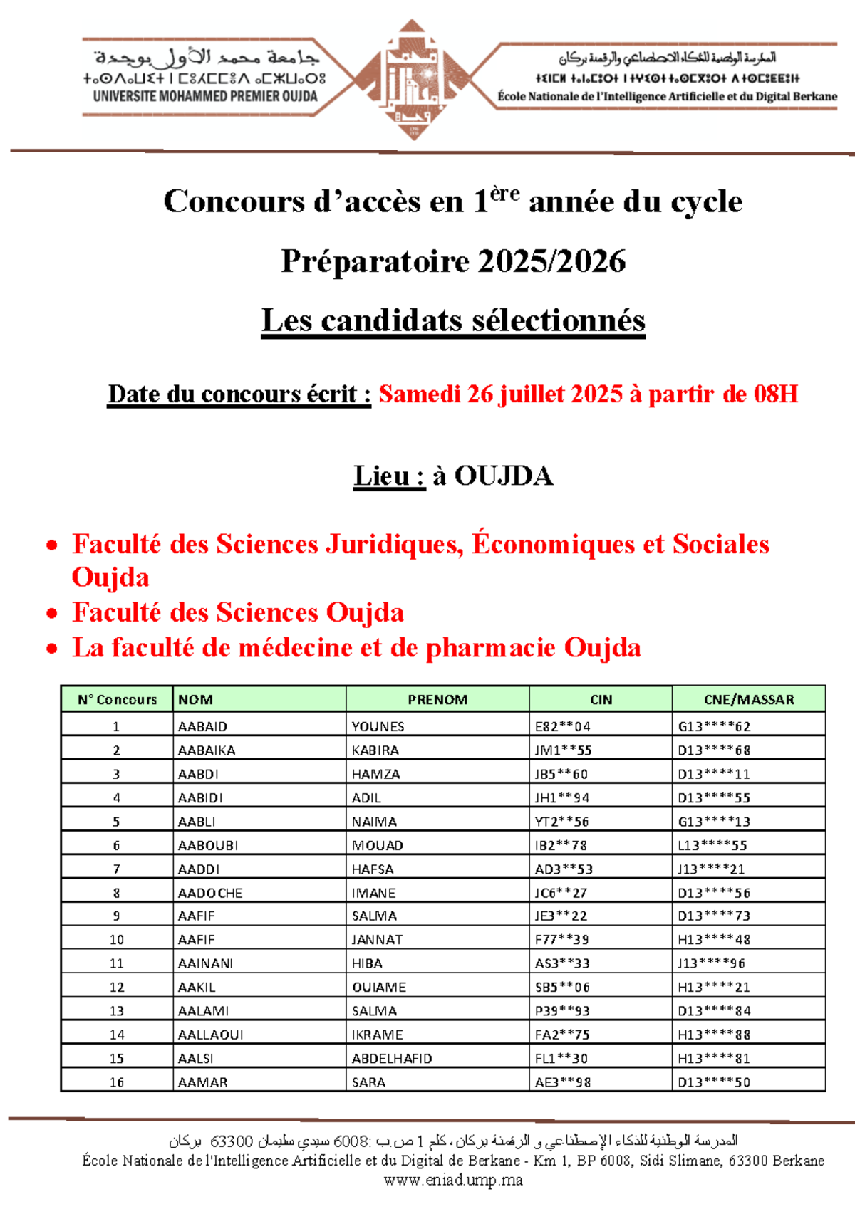 Préselection des Candidats pour le Concours d'Accès ENIAD 2025 - Studocu