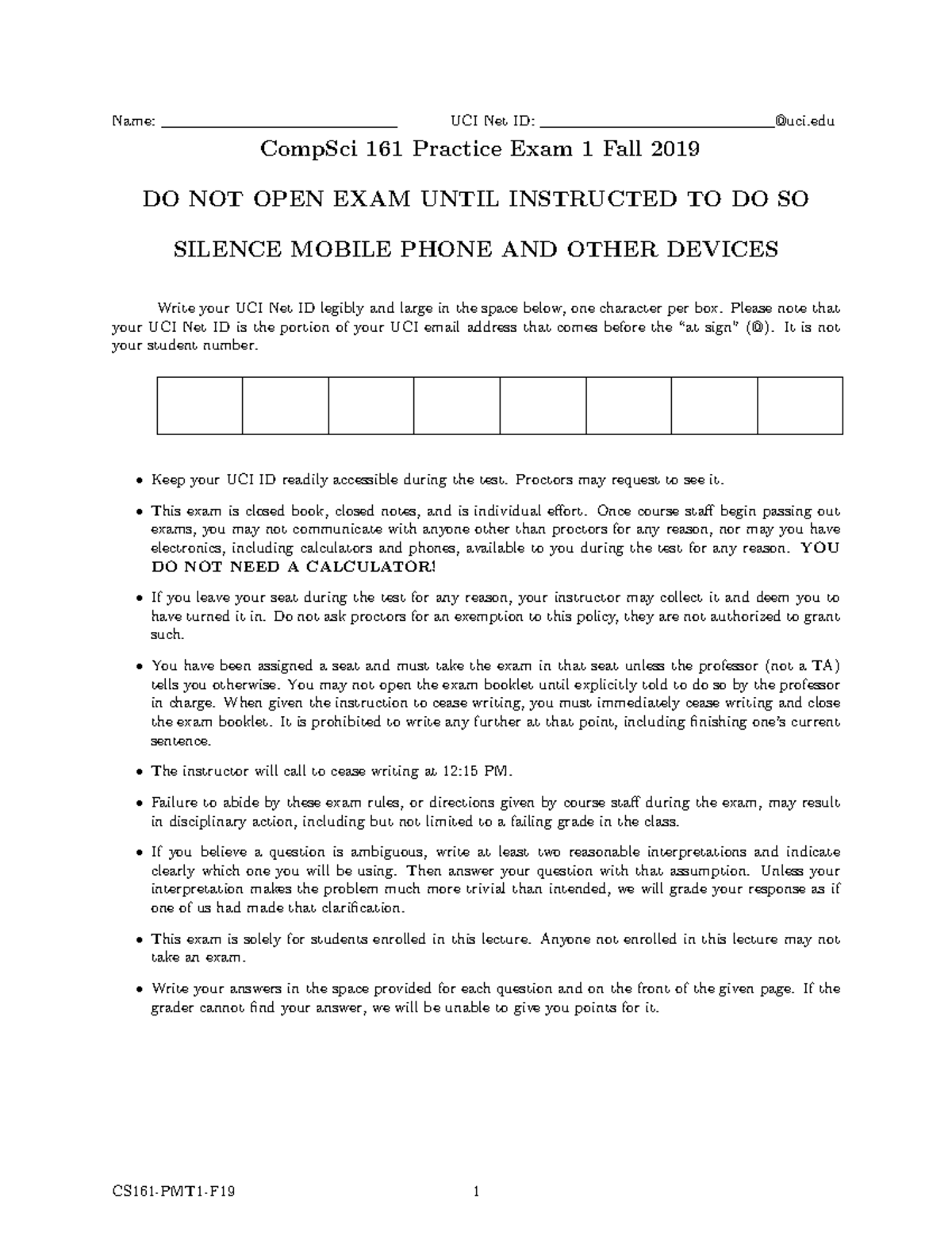CompSci 161 Fall 2019 Exam 1 Sample Solutions and Analysis - Studocu