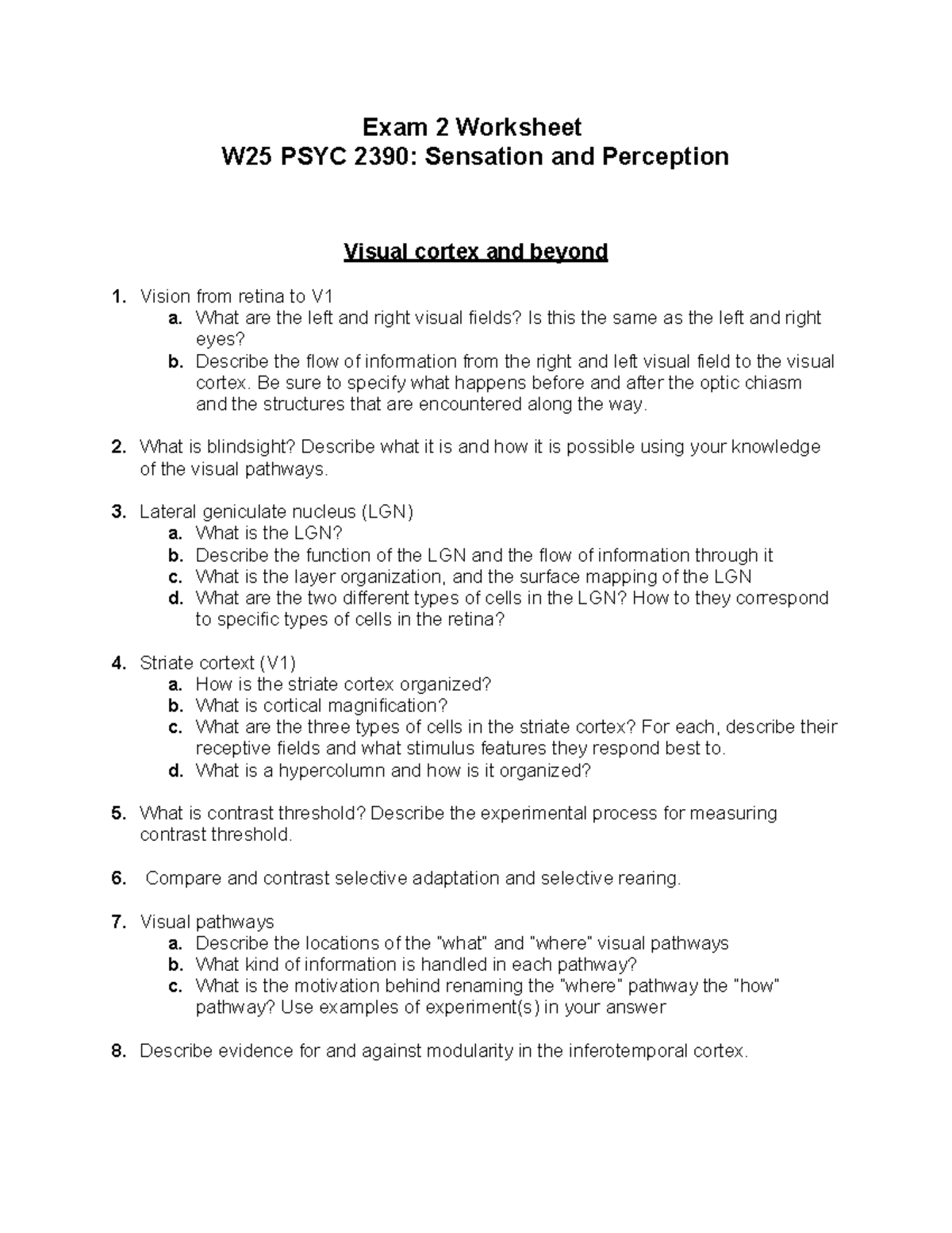 Exam 2 worksheet W25 PSYC 2390: Sensation and perception overview - Studocu