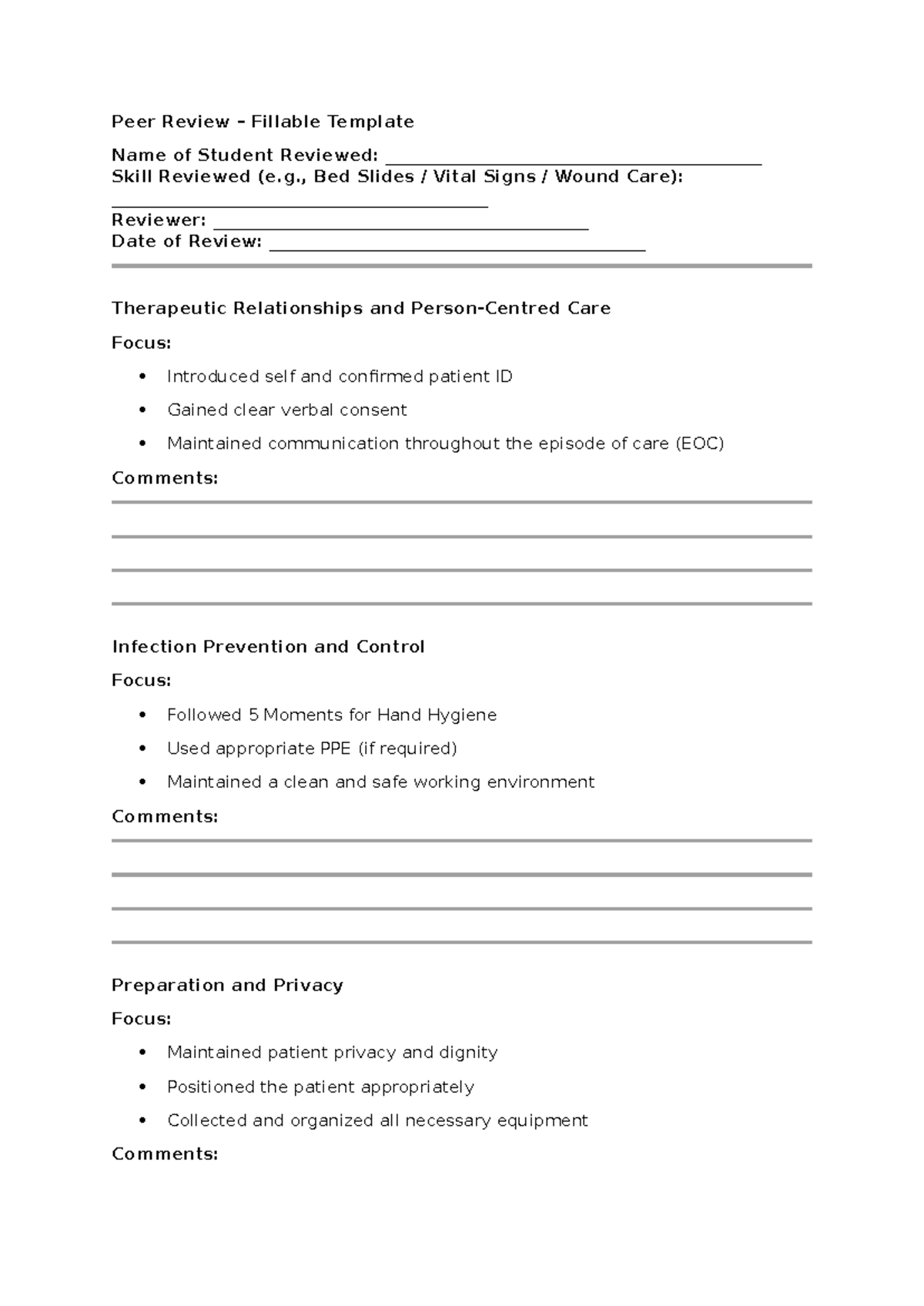 Peer Review Template for Clinical Skills Assessment - Studocu