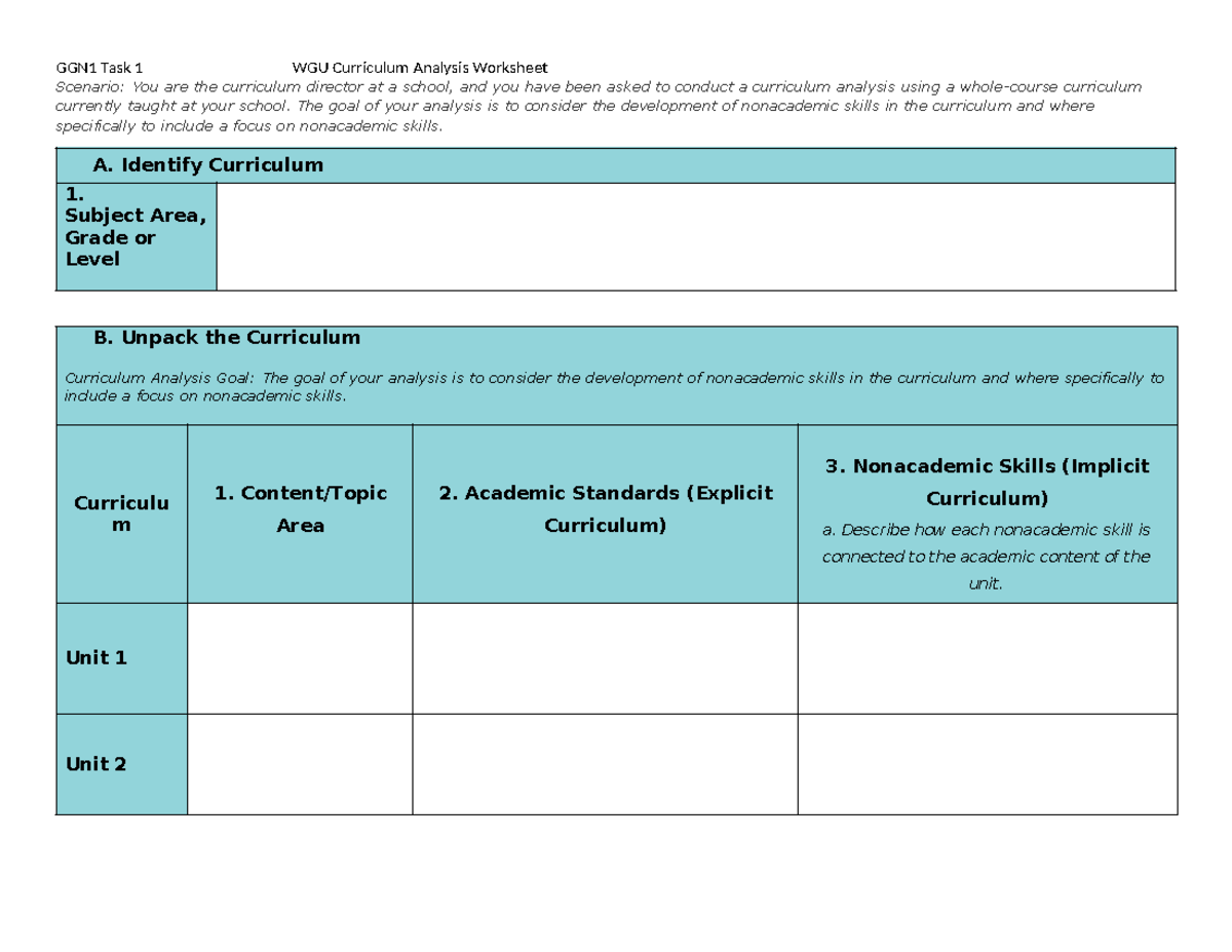 WGU GGN1 Task 1: Curriculum Analysis for Nonacademic Skills Development ...
