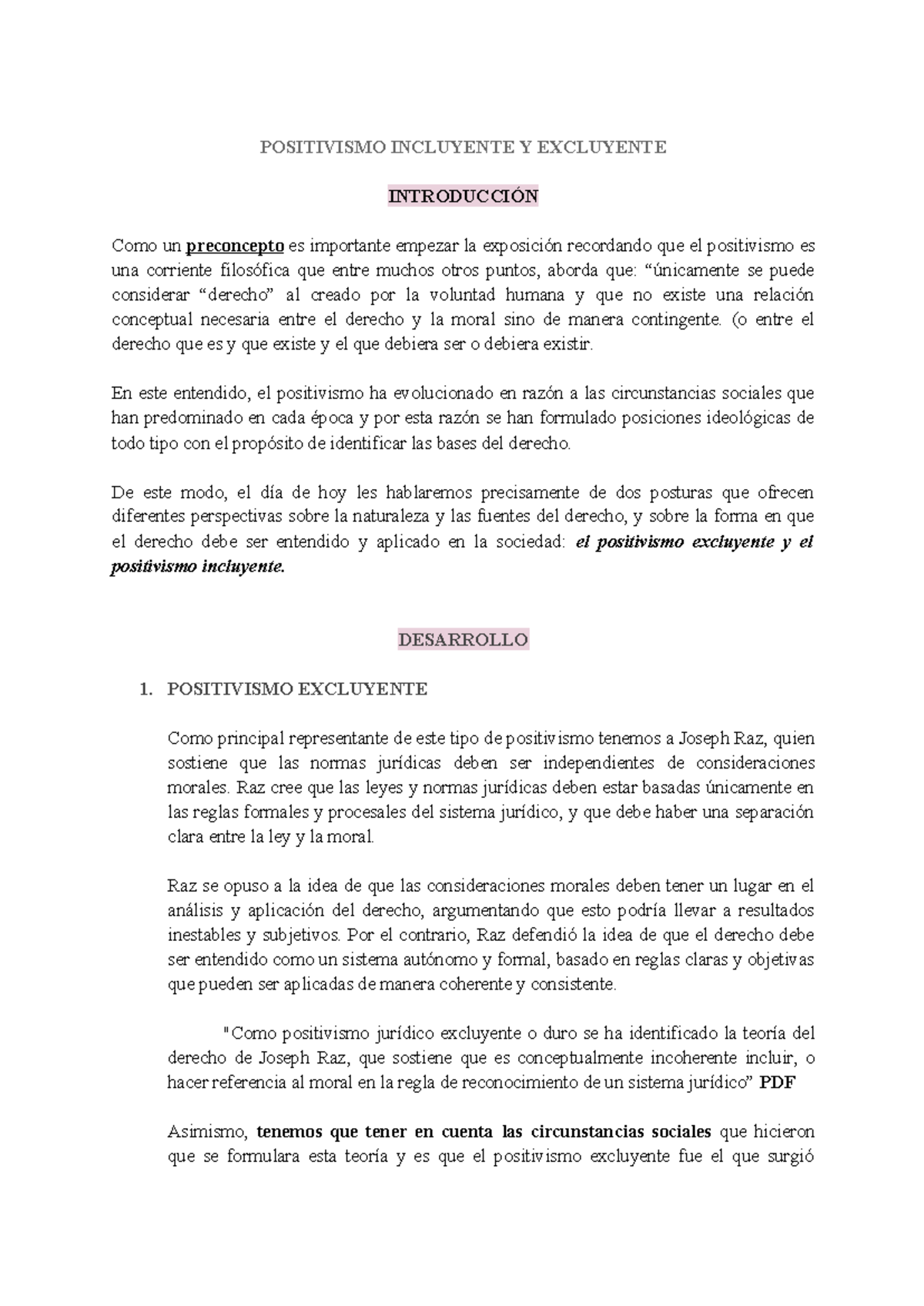 Exposición sobre Positivismo Incluyente y Excluyente - FIL 101 - Document Preview