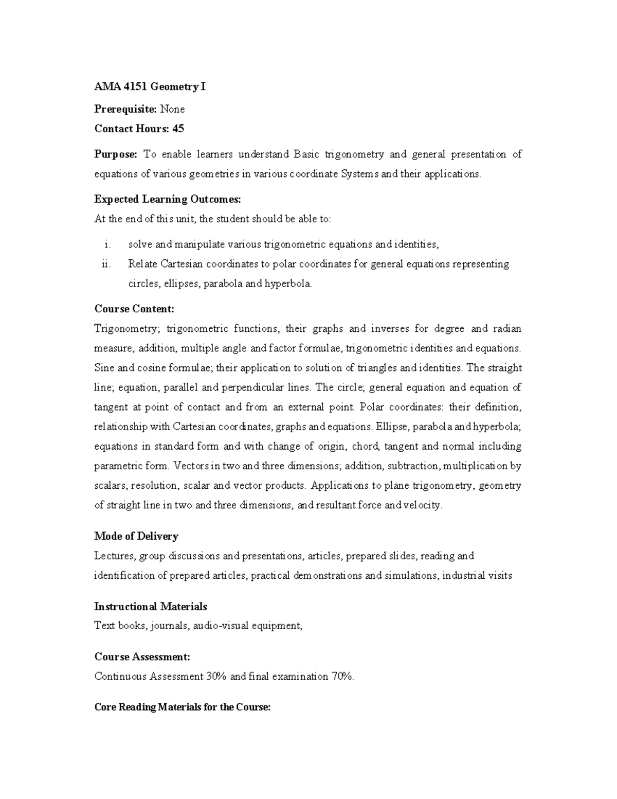 AMA 4151 Geometry I Course Structure and Learning Outcomes - Studocu