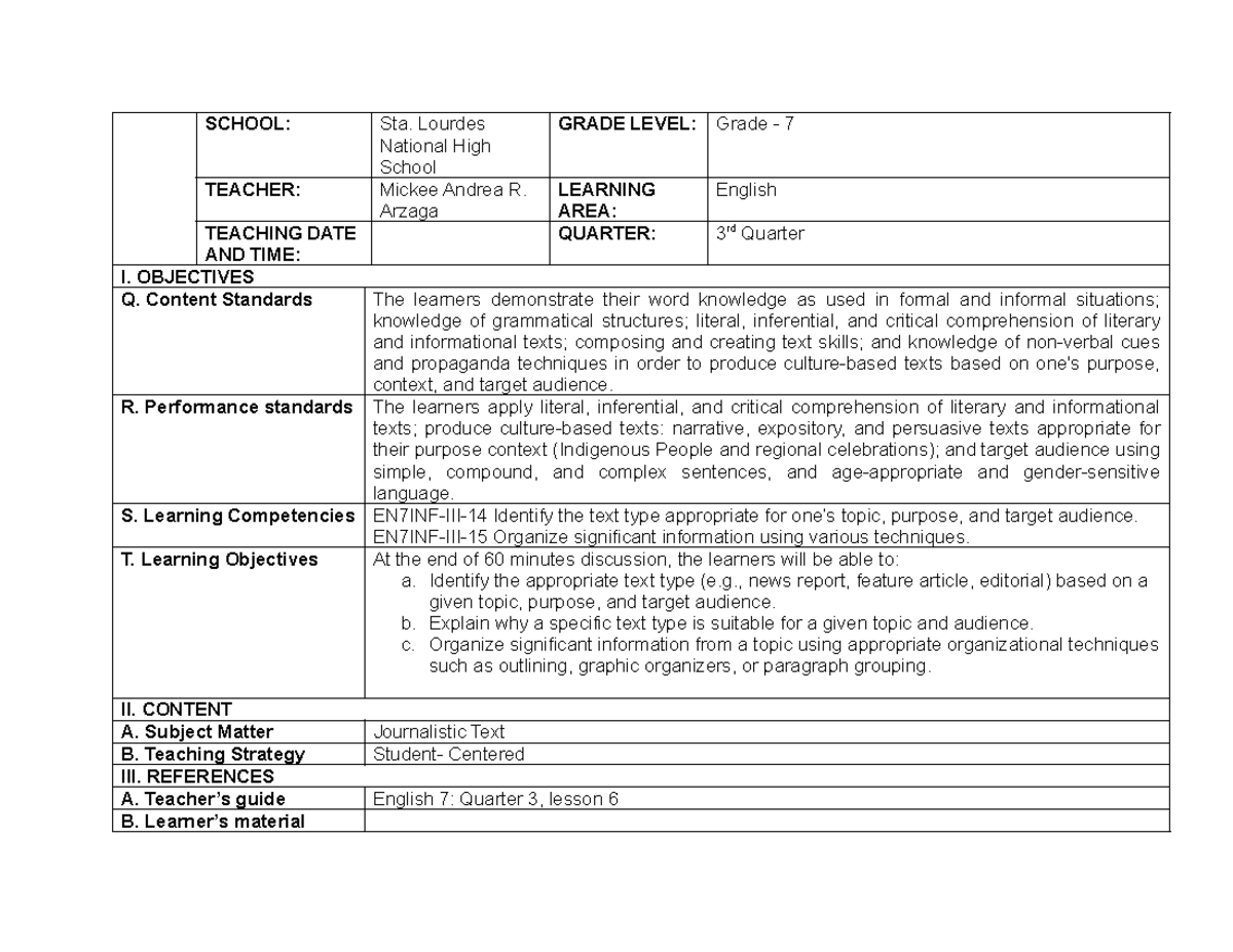 Mickee Andrea R. Arzaga's Grade 7 English Lesson Plan: Journalistic ...