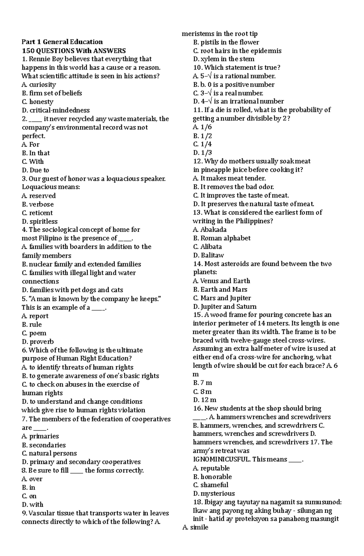 General Education Part 1: 150 Questions with Answers for Review - Studocu