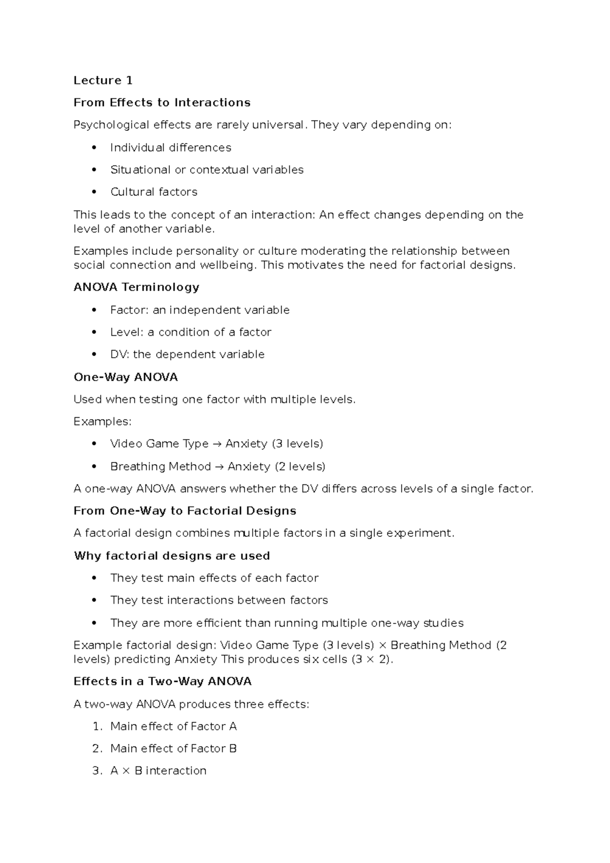 Lecture 1: Understanding ANOVA and Factorial Designs in Psychology ...