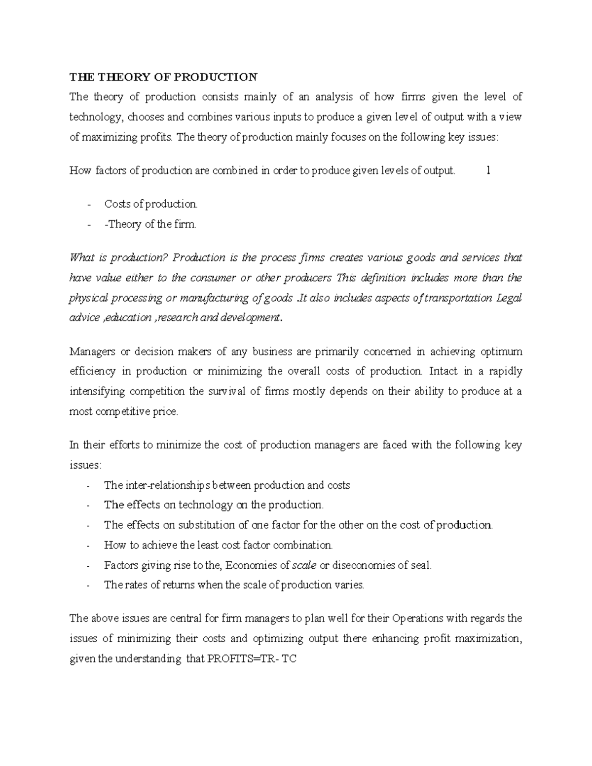 THEORY OF PRODUCTION: Analyzing Input-Output Relationships - Studocu