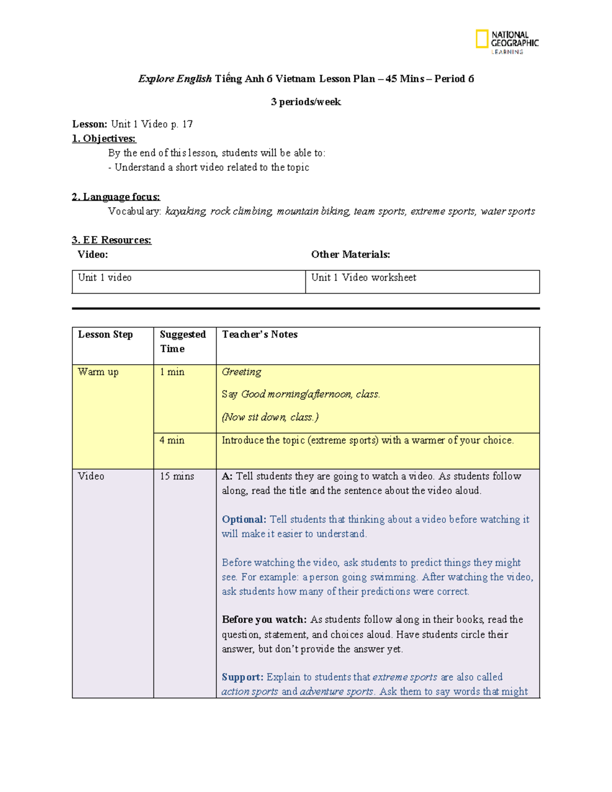 EE G6 Lesson Plan: Extreme Sports Video Unit 1 (45 Mins) - Studocu