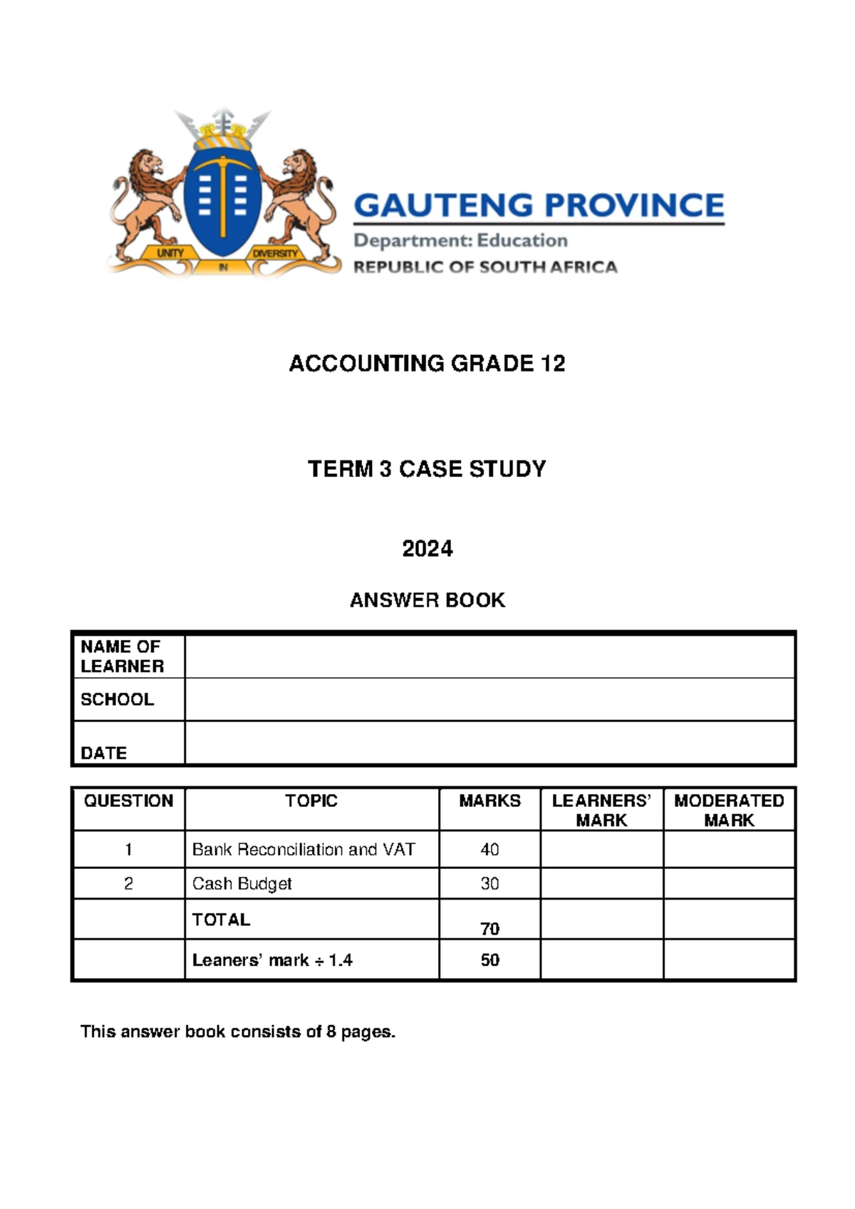 2024 Grade 12 Accounting Case Study: Term 3 Marking Guide - Studocu