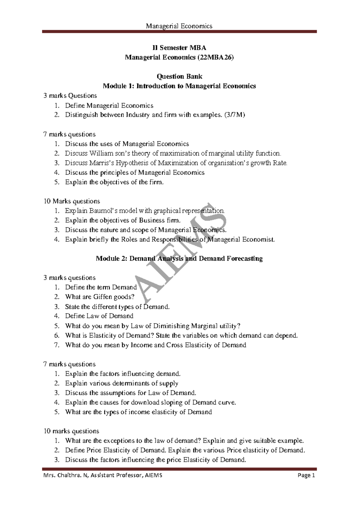 MBA 22MBA26: Managerial Economics Key Questions for IV Semester - Studocu