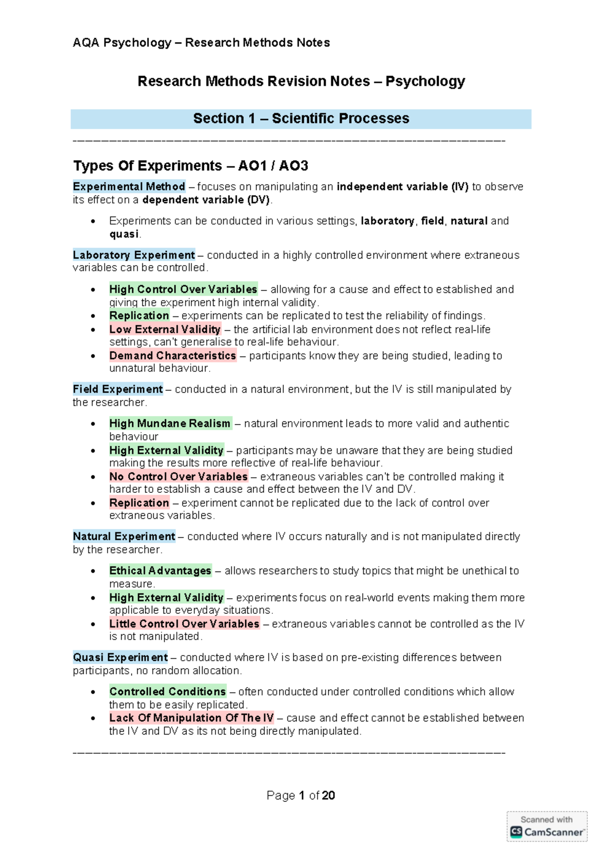 AQA Psychology Research Methods Revision Notes: Key Concepts ...