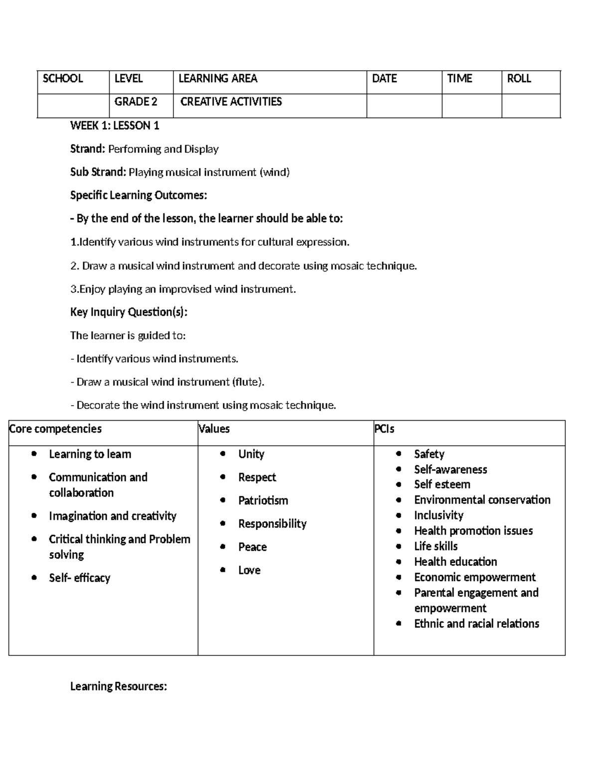 Grade 2 TERM 3 Creative Activities: Wind Instruments Lessons - Studocu