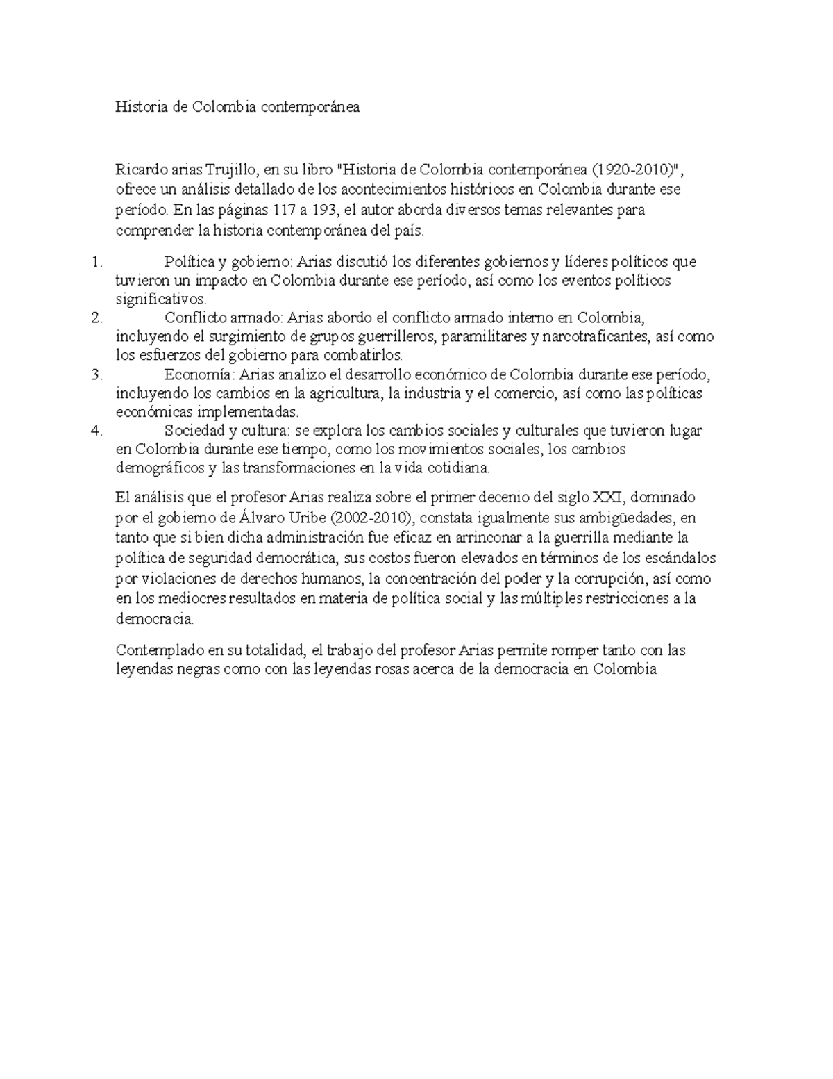 Historia Contemporánea De Colombia Reseña De Ricardo Arias 1920 2010