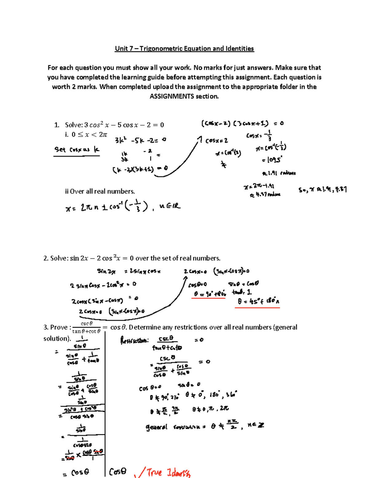 Unit 7 Trigonometric Equations & Identities Assignment - Studocu
