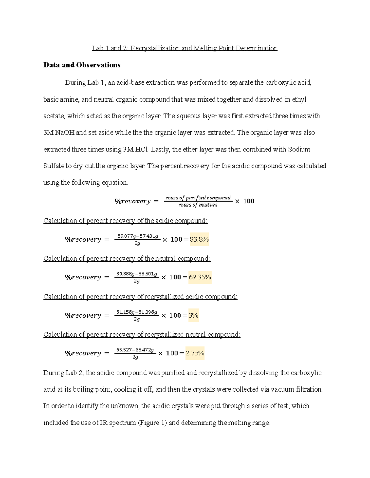 Lab Report 1: Recrystallization & Melting Point Analysis - Studocu