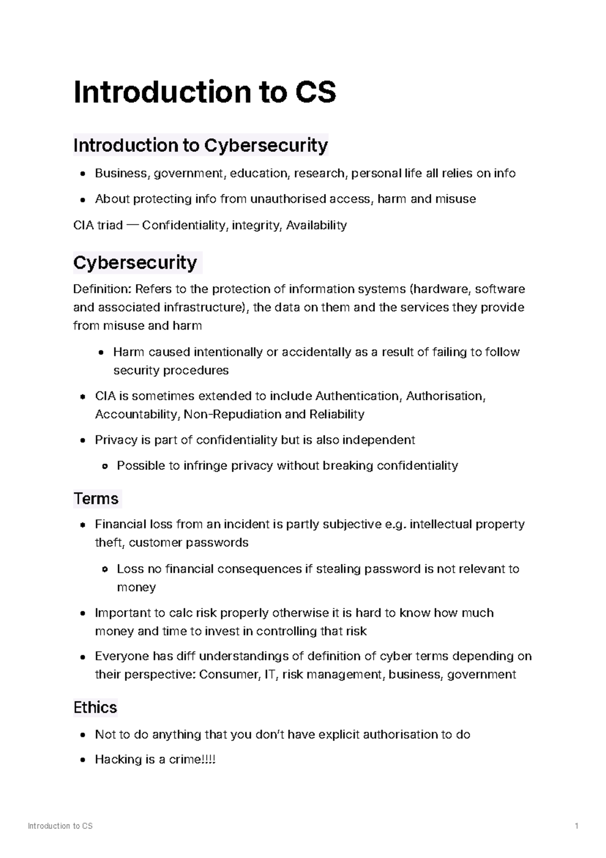 CS 101: Introduction to Cybersecurity Concepts and Principles - Studocu