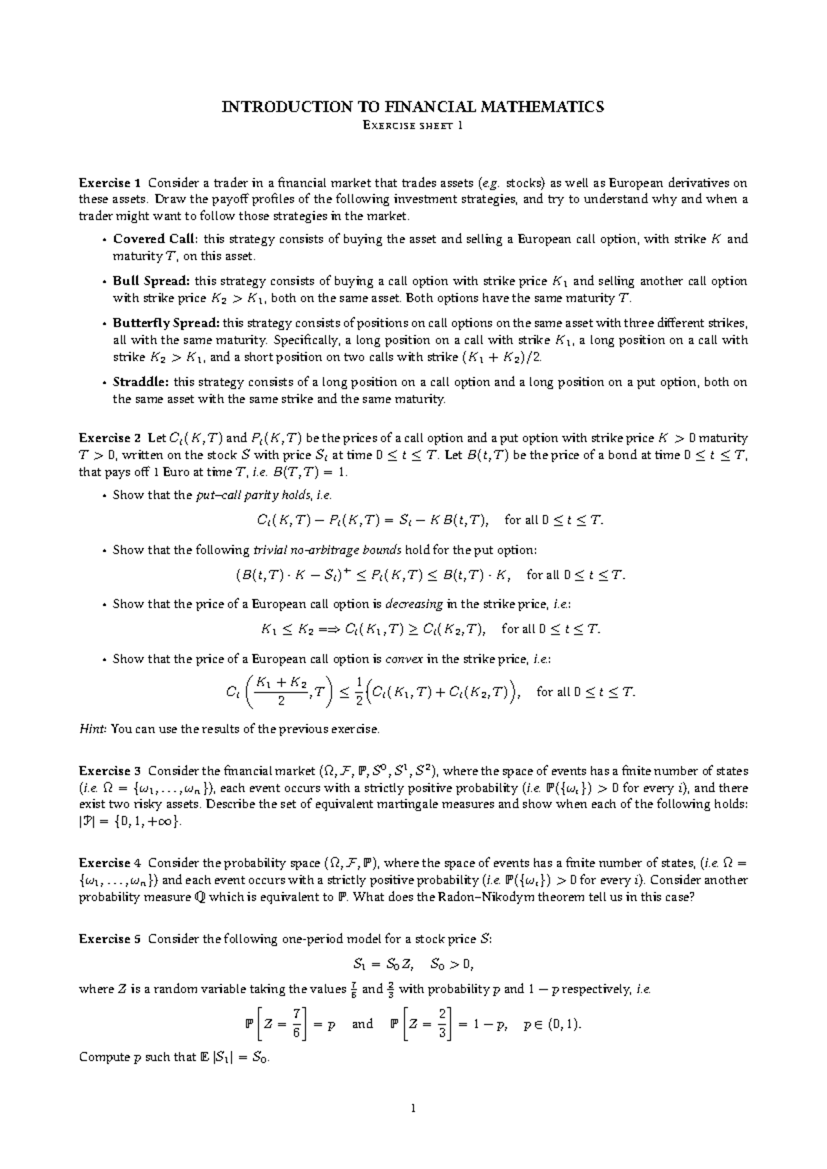 Financial Mathematics Exercises 1 - Investment Strategies ...