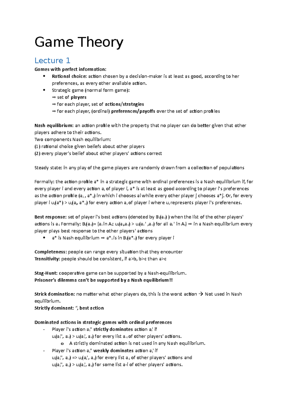 Game Theory Lectures 1-6 Summary and Key Concepts - Studeersnel