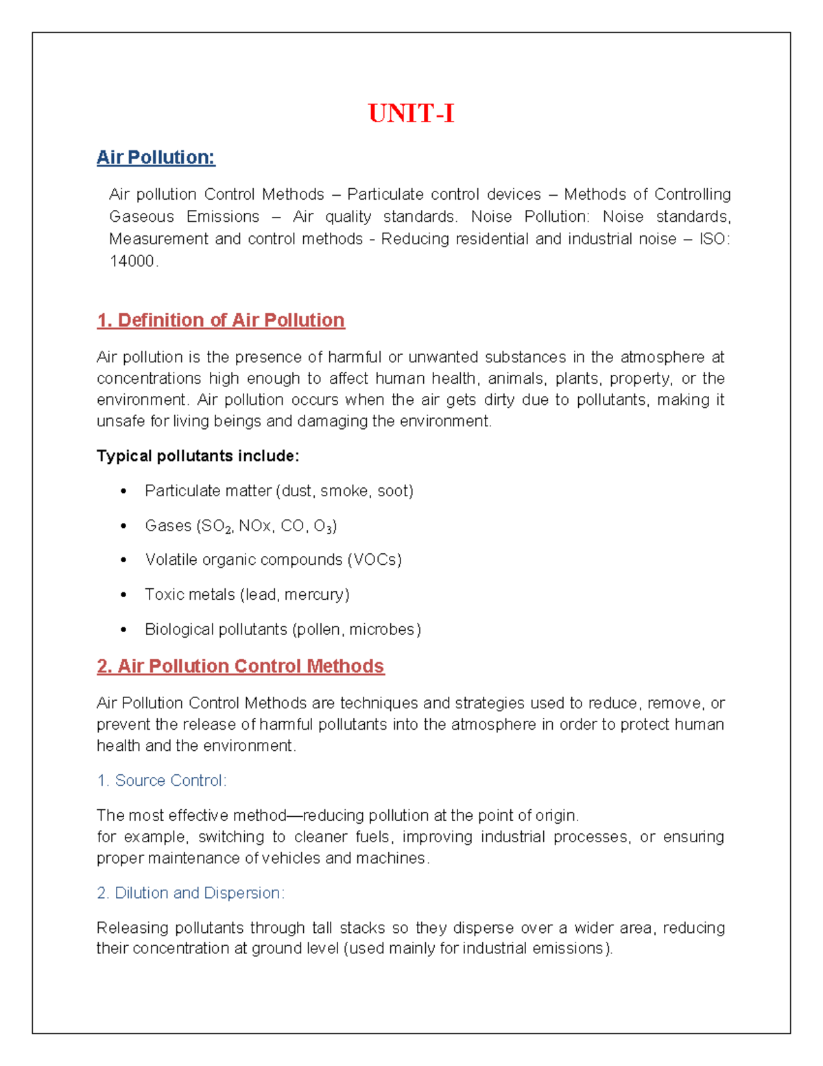 EP Unit-1: Air & Noise Pollution Control Methods and Standards - Studocu