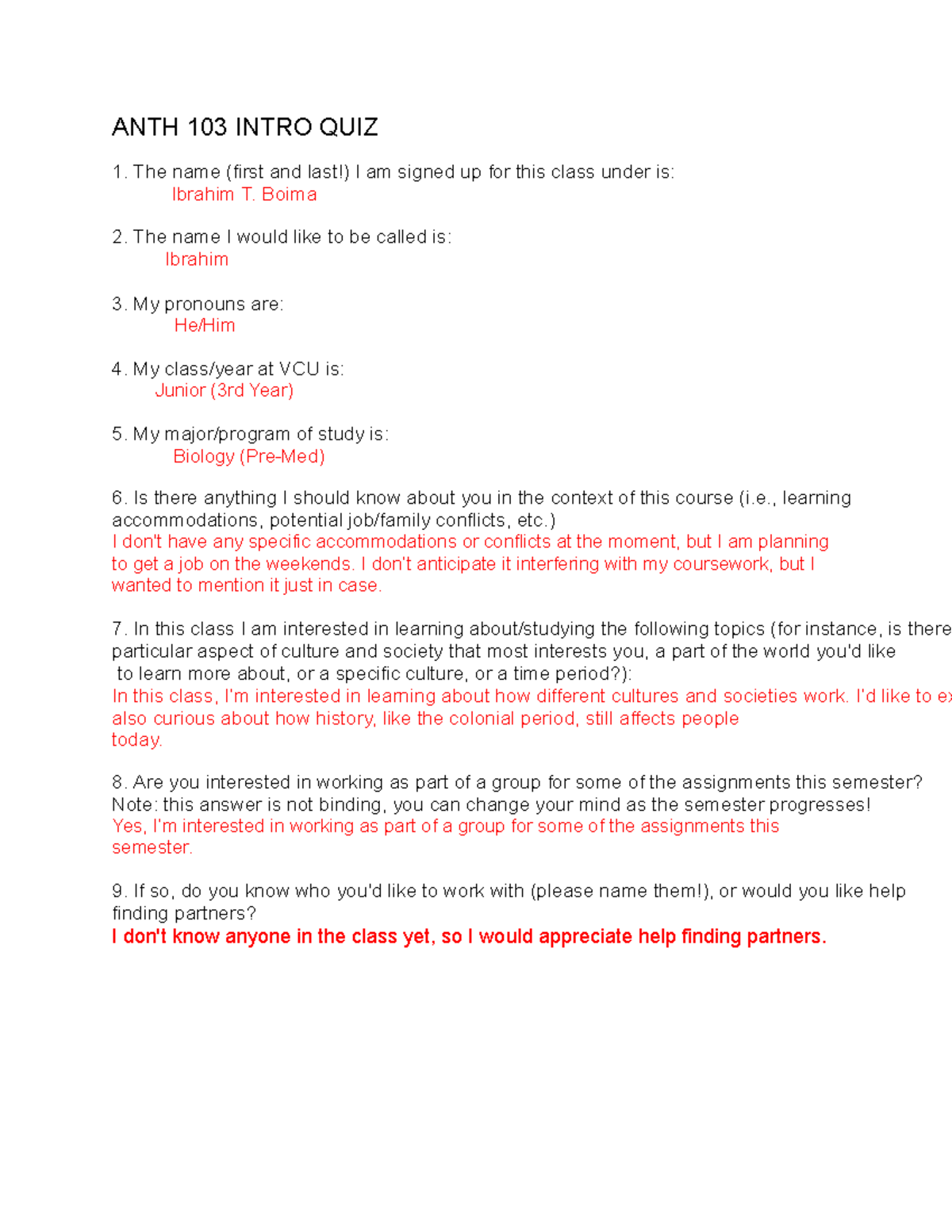 ANTH 103 Intro Quiz 1: Student Information & Interests - Studocu