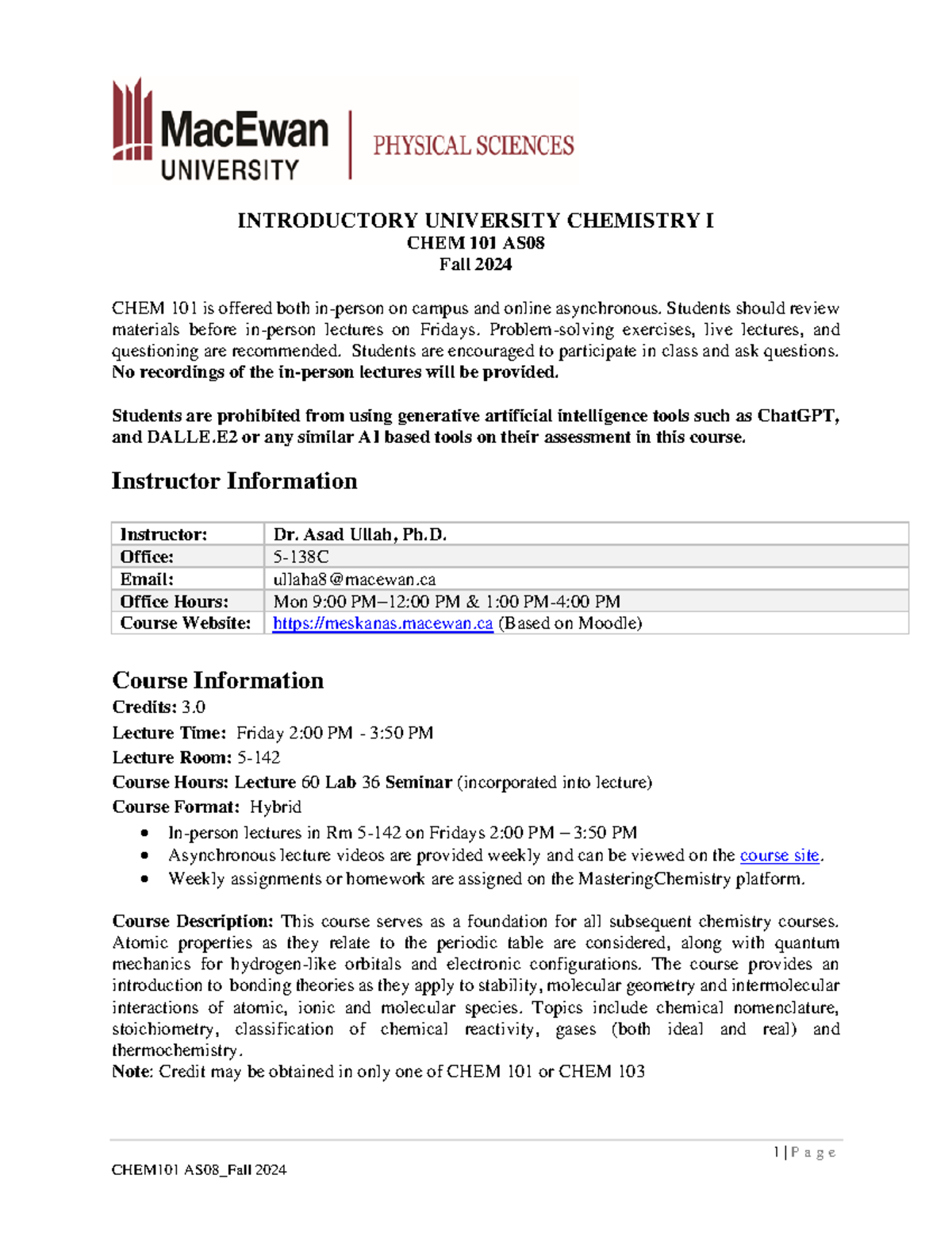 CHEM 101 Syllabus Fall 2024 - 1 | P a g e INTRODUCTORY UNIVERSITY ...