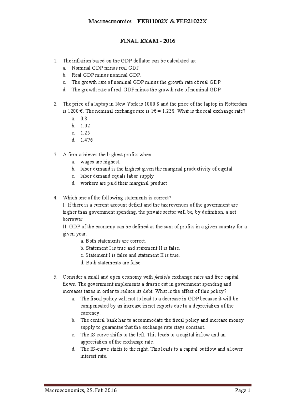 Tentamen 2016 Final Exam Macroeconomie - Studeersnel