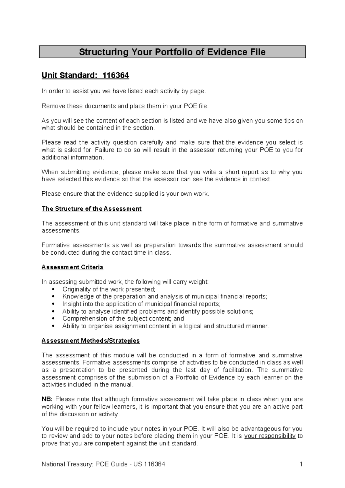 Portfolio of Evidence Guide for US 116364: Structuring Your Assessment ...