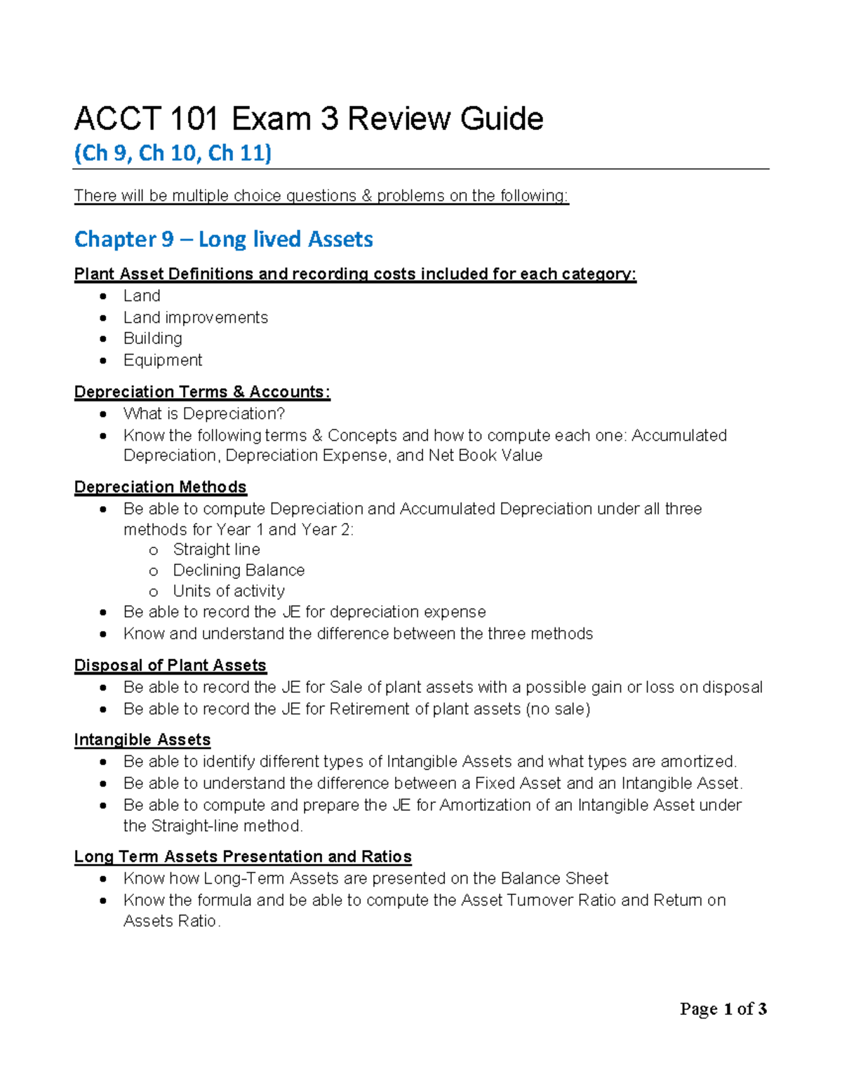 ACCT 101 Exam 3 Review Guide (Ch9-Ch11) - Key Concepts & JE - Studocu