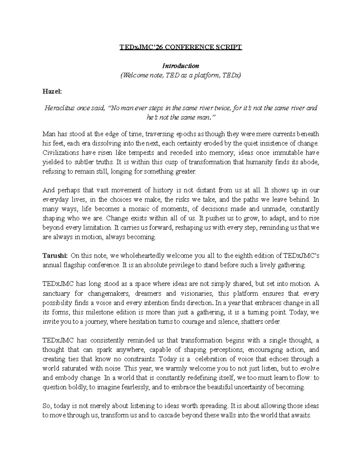 TEDxJMC 2023 Conference Script: Embracing Change and Transformation ...