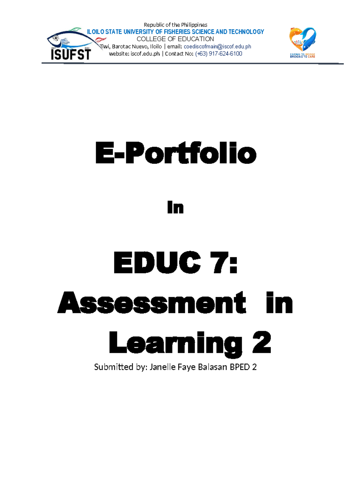 E-Portfolio for EDUC 7: Assessment in Learning 2 Project - Studocu