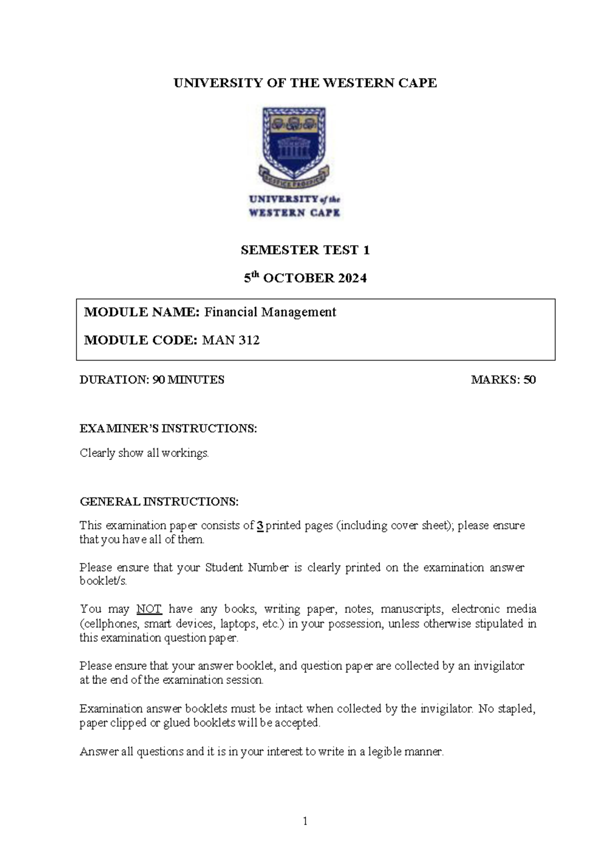 MAN312 Semester Test 1 2024 - Financial Management Exam Paper - Studocu