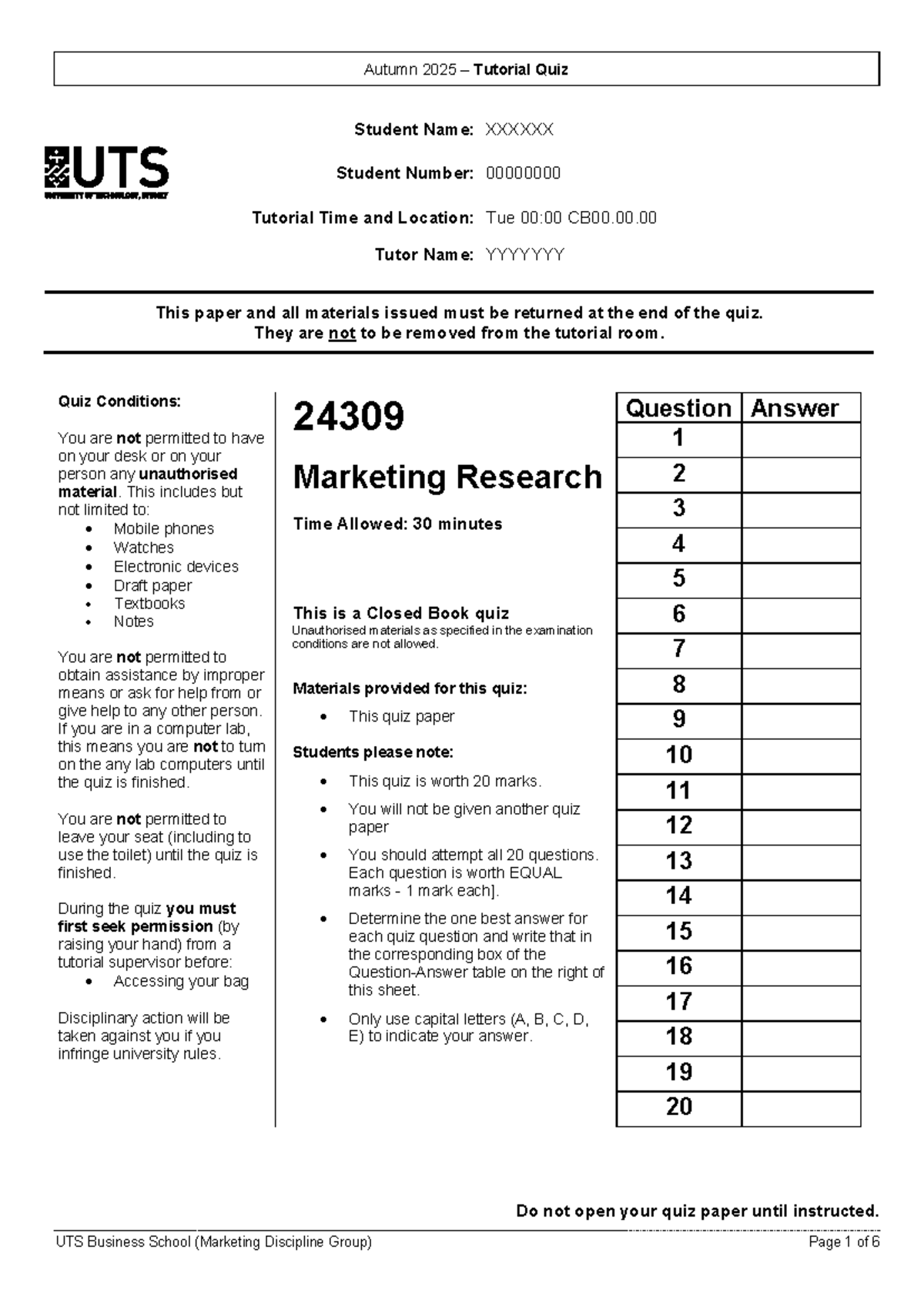 Autumn 2025 UTS 24309 Marketing Research Quiz Sample Questions - Studocu