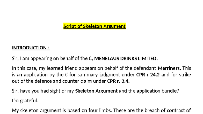 Script of Skeleton Argument for Strike Out & Summary Judgment - Studocu