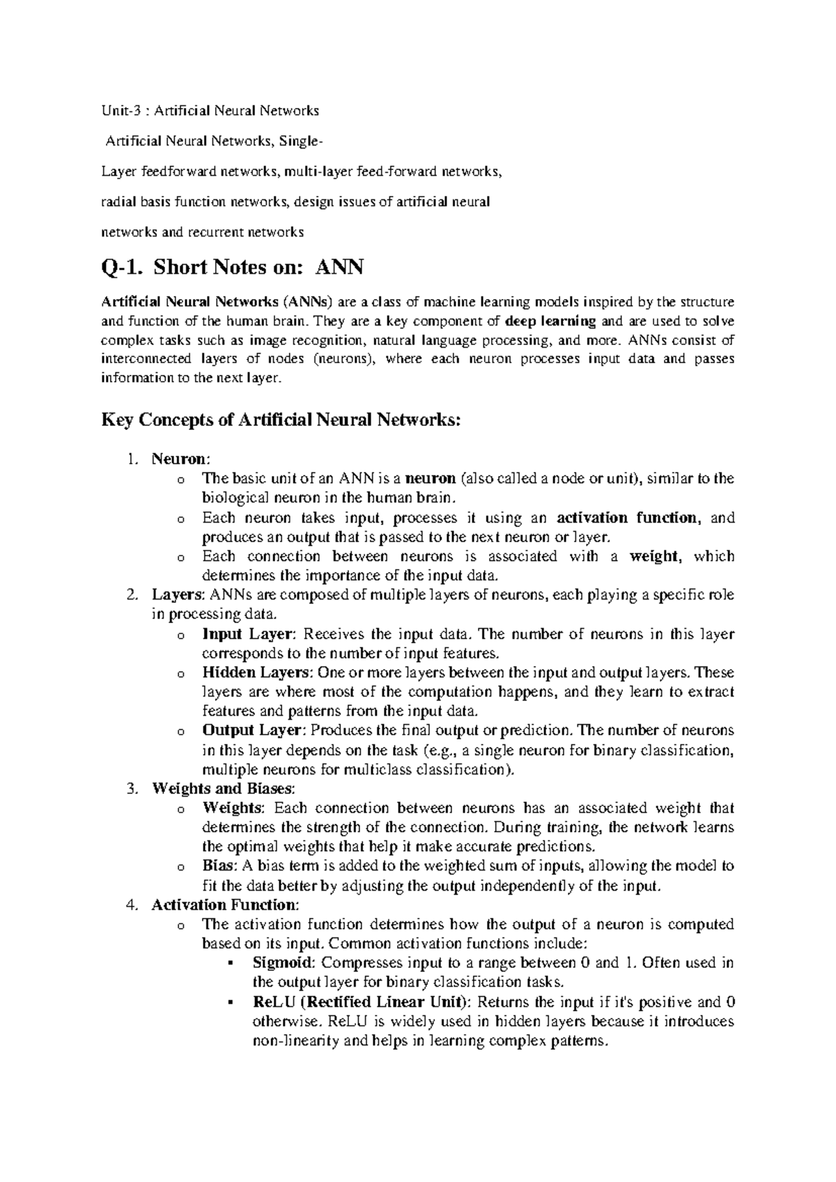 AAI UNIT-3: Short Notes on Artificial Neural Networks and Their Types ...