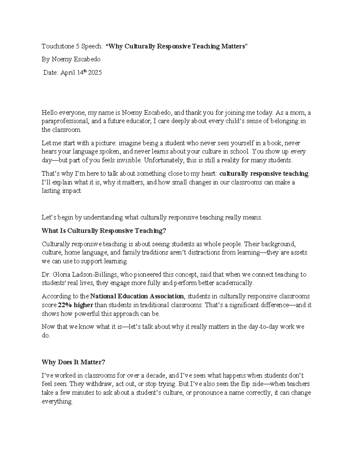 Touchstone 5 Speech: Embracing Culturally Responsive Teaching - Studocu