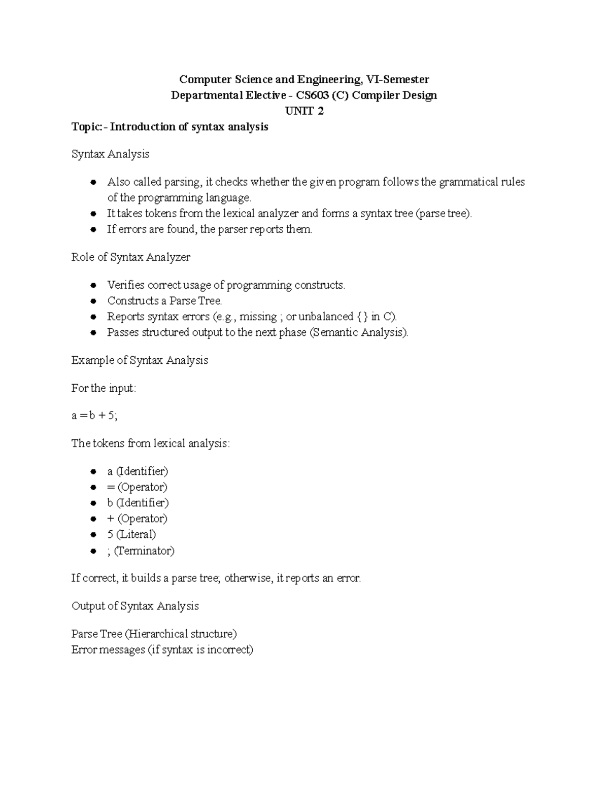Compiler Design CS603 (C) Unit 2: Syntax Analysis Notes - Studocu