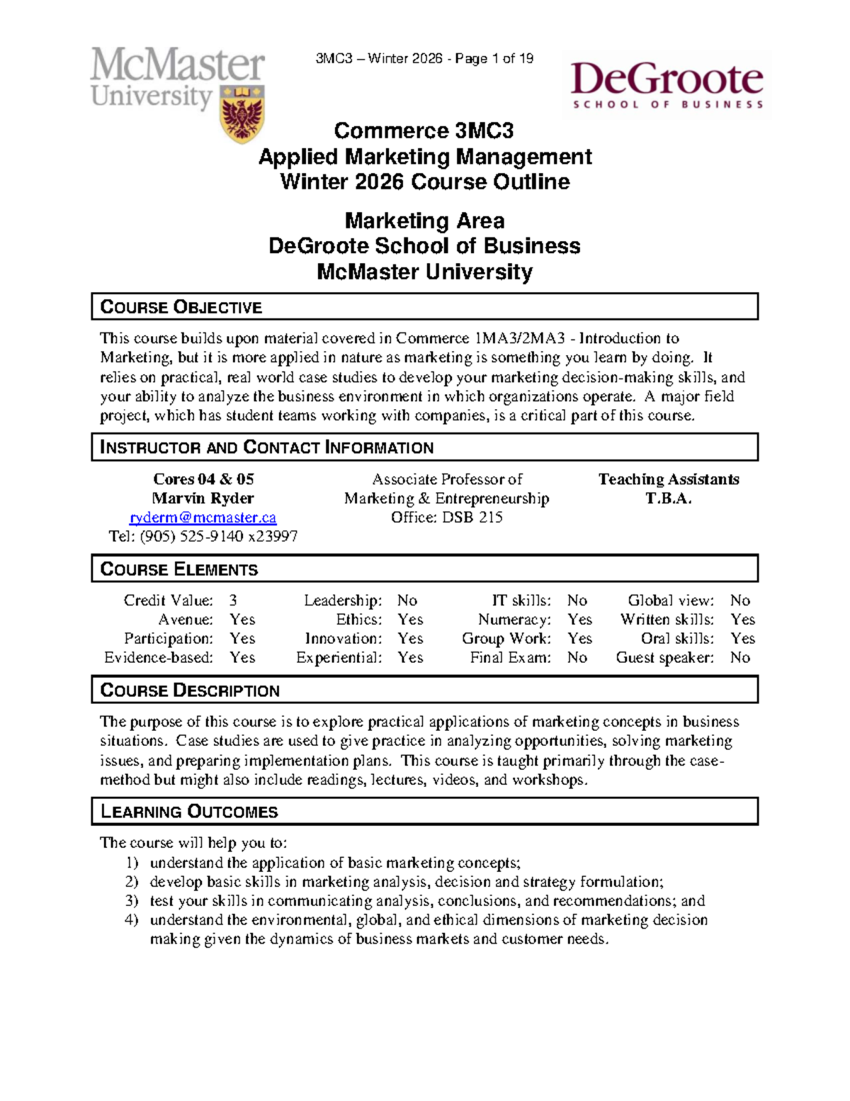 Commerce 3MC3 Applied Marketing Management Winter 2026 Course Syllabus ...