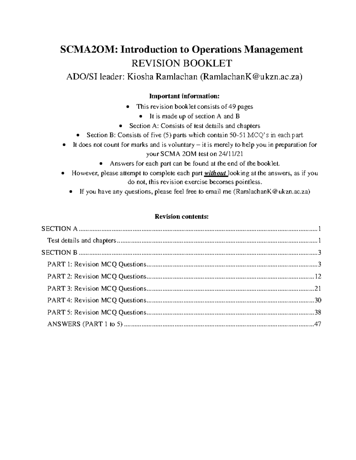SCMA 2OM - Comprehensive Test Revision Booklet (MCQs & Details) - Studocu
