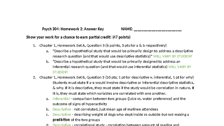 Psych 304: Homework 2 Answer Key & Solutions with Explanations - Studocu