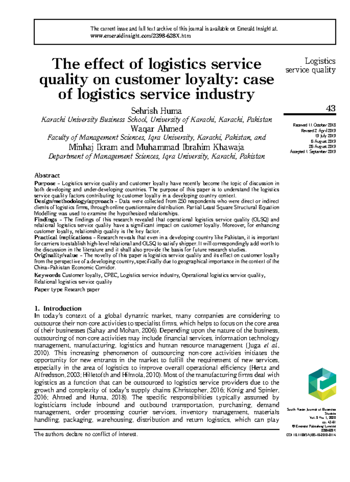 Impact of Logistics Service Quality on Customer Loyalty: A Study - Studocu
