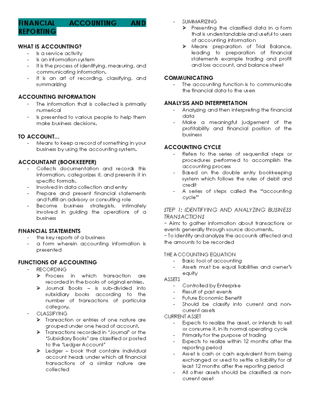 Financial Accounting and Reporting: Chapter 1 Handouts - Studocu